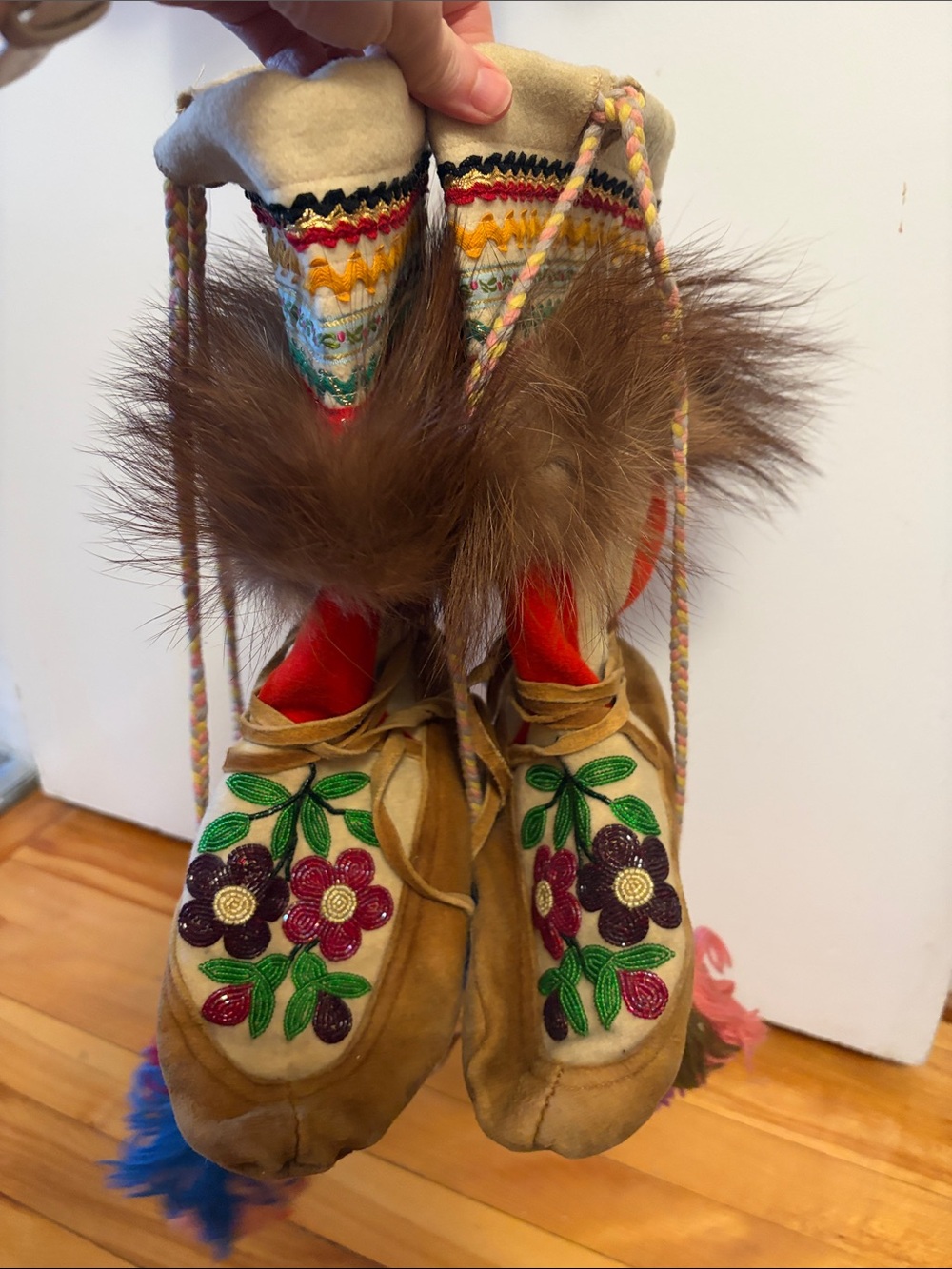 Beautiful vintage beaded moccasins with fur trim